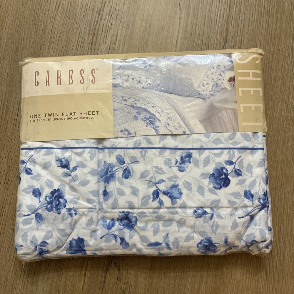 Vintage Twin Flat White & Blue Cottagecore Sheet Percale No-Iron 180TC 66x96 NOS